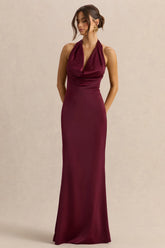 Aralisse | Burgundy Satin Cowl-Neck Maxi Dress