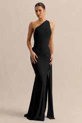 Black Asymmetric-Neck Maxi Dress With Gold-Detail And Front-High Split