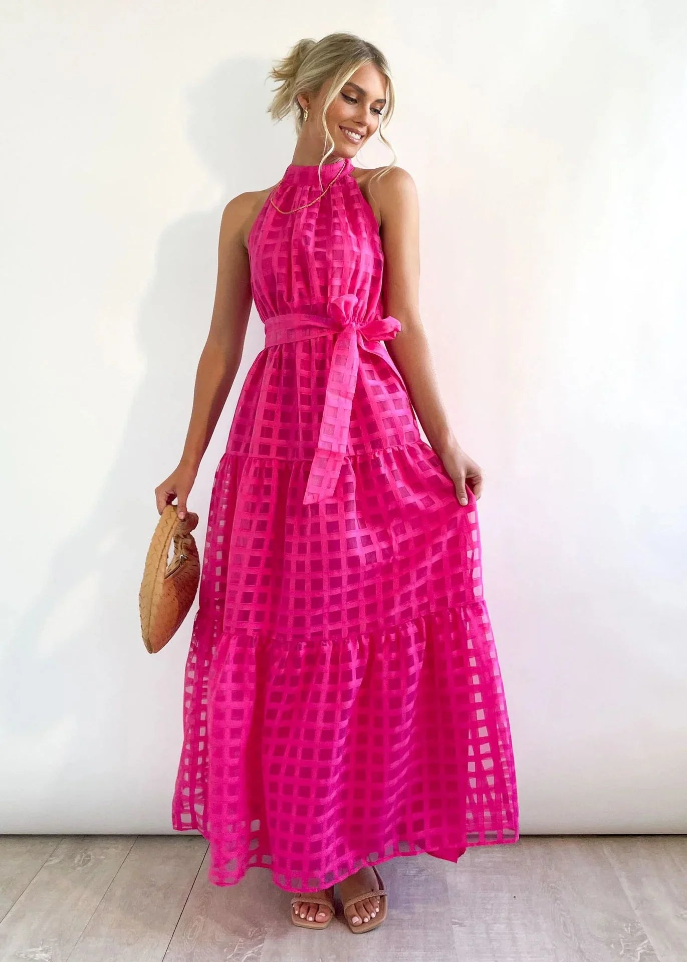 2023 Fashion Trends | Hot Pink Halter Retro Maxi Summer Dress