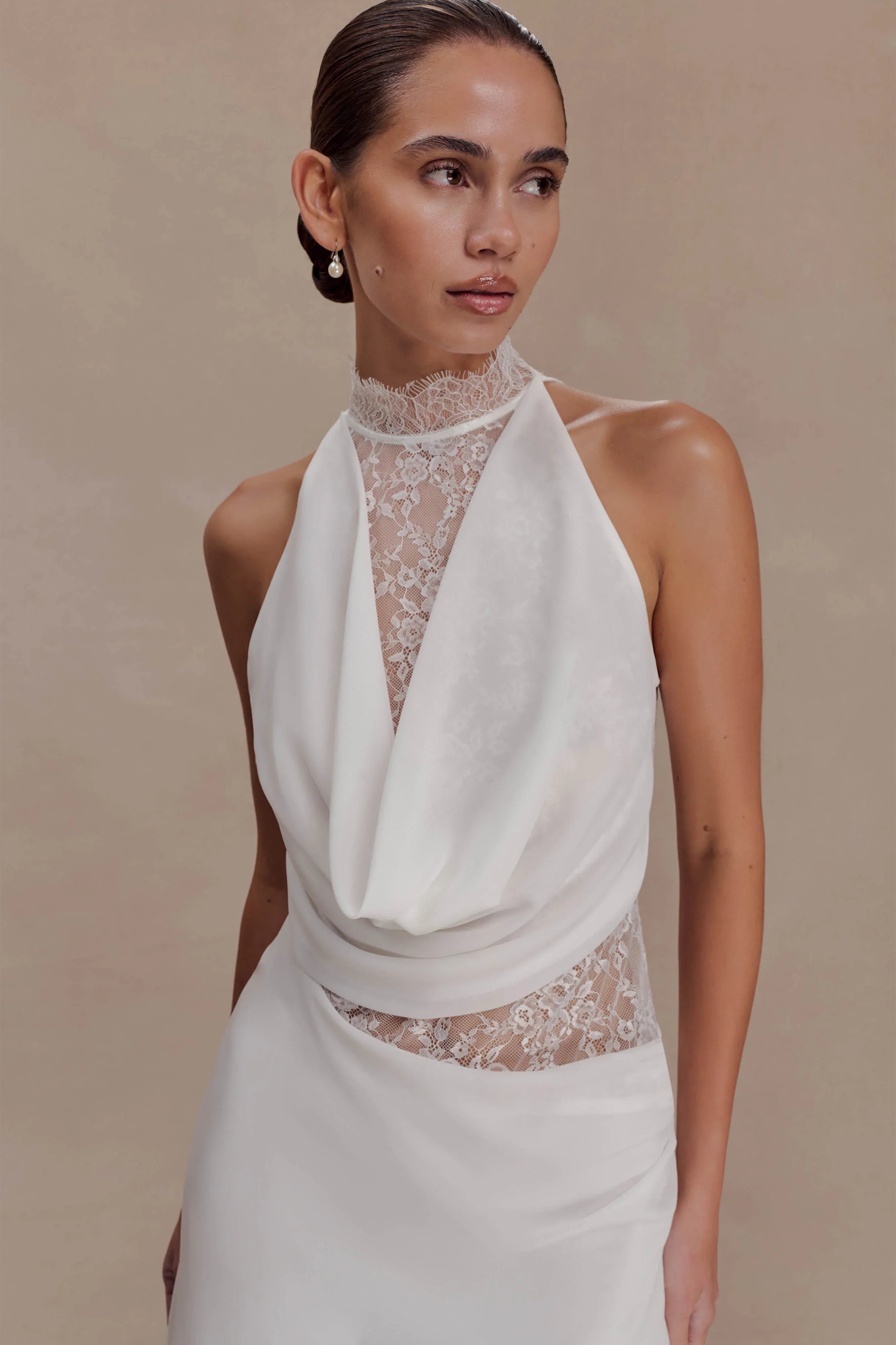 Arra Chiffon And Lace Halter Mini Dress - White