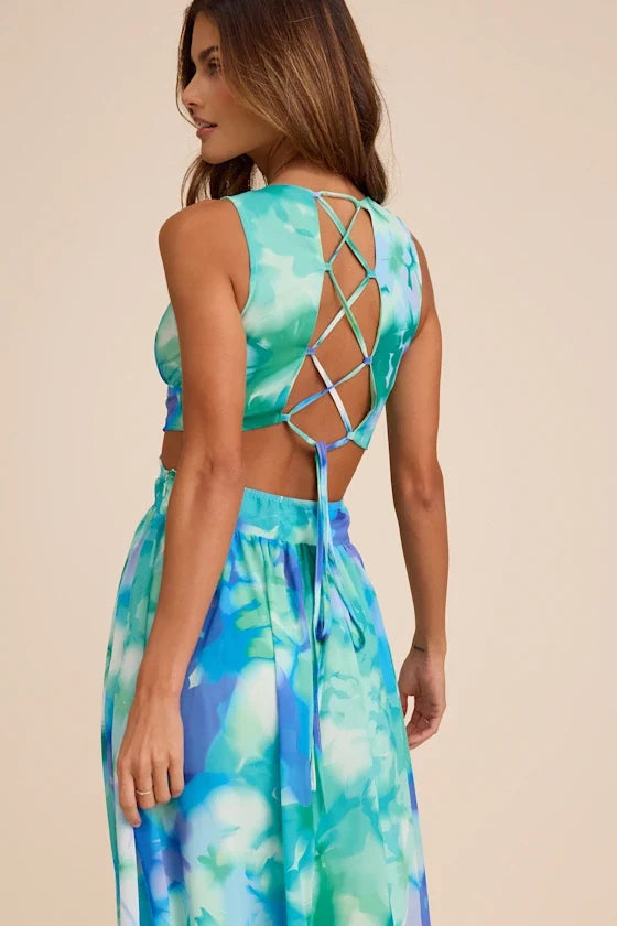 Elisanna Teal Multi Floral Lace-Up Midi Dress