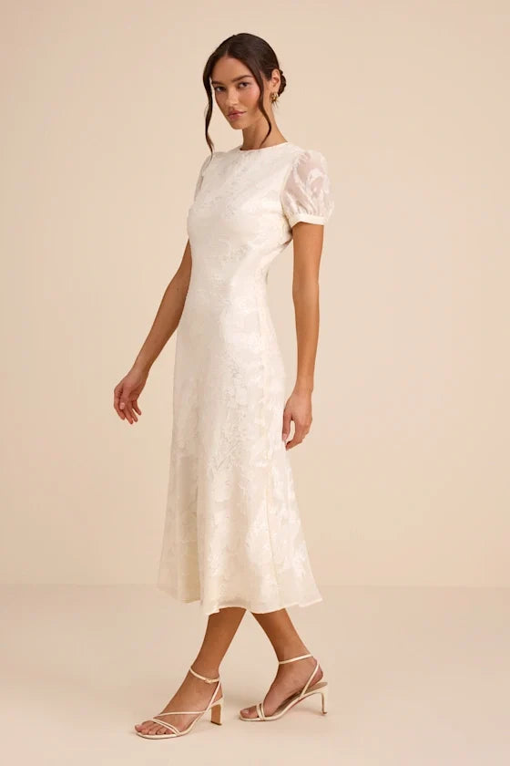 Bridget Ivory Floral Jacquard Puff Sleeve Midi Dress