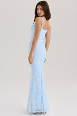 Sarai-Blue Lace Godet Maxi Dress