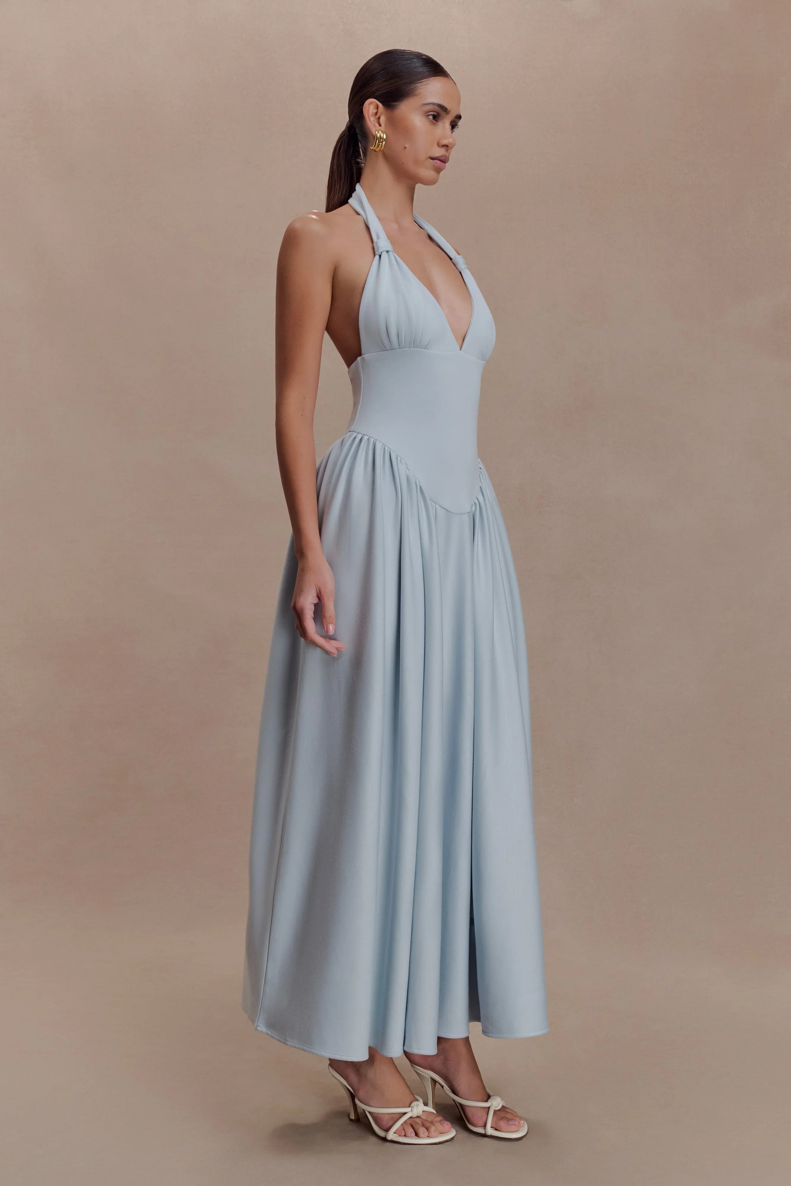 Angelina Scuba Halter Midi Dress - Pale Blue