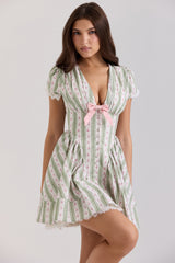 Emiliana-Green Stripe Floral Print Stretch Cotton Mini Dress