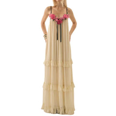 3D Floral Spaghett Strap Tiered Ruffle Maxi Dress