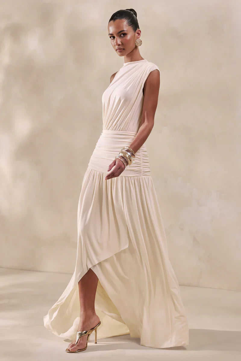 Cream High-Neck Maxi Dress Gathered-Detailing